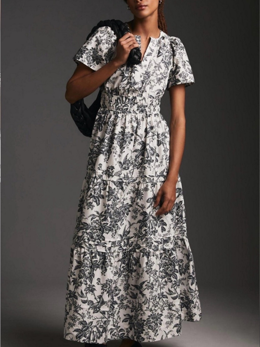Anthropologie Black and White Floral Tiered Maxi Dress